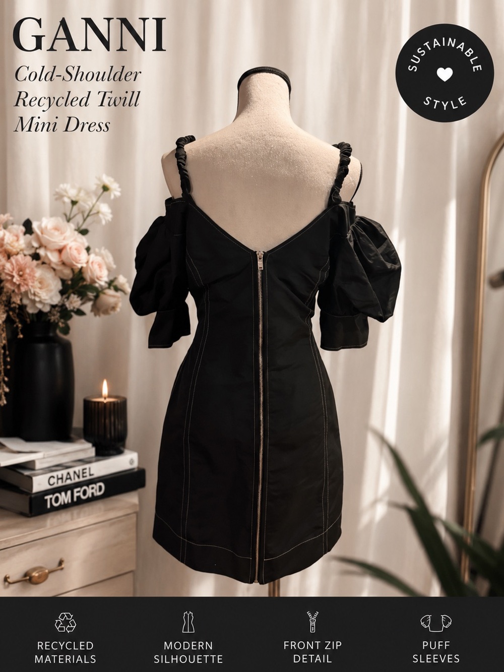 GANNI black Cold Shoulder recycled Tafetta Mini dress